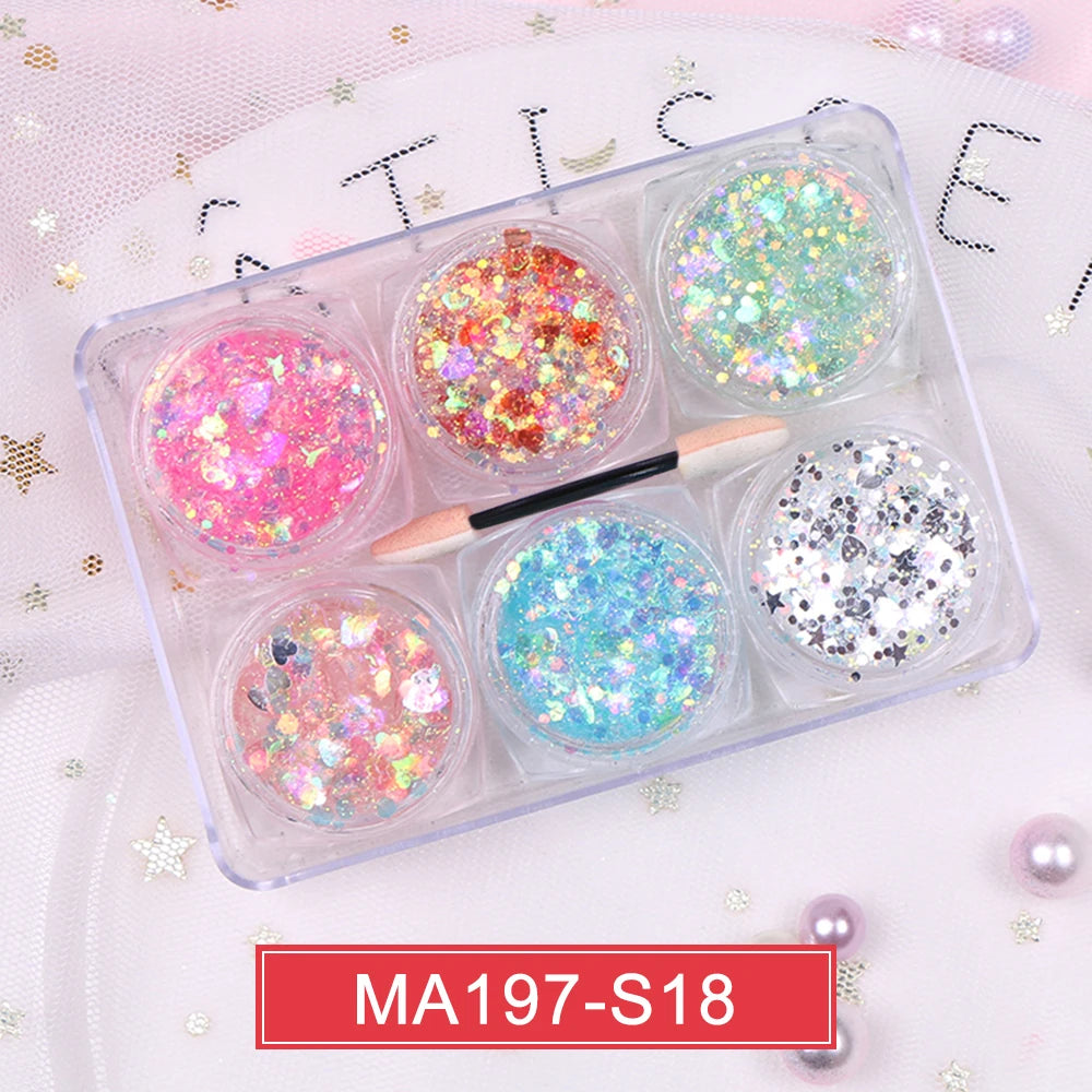 6-Jar Eyeshadow & Body Glitter Gel Set – Heart, Star, Moon Sequins