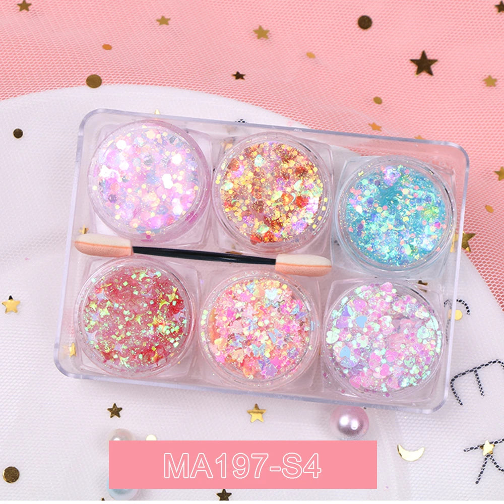 6-Jar Eyeshadow & Body Glitter Gel Set – Heart, Star, Moon Sequins