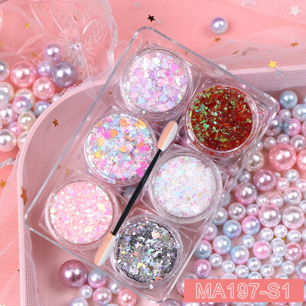 6-Jar Eyeshadow & Body Glitter Gel Set – Heart, Star, Moon Sequins