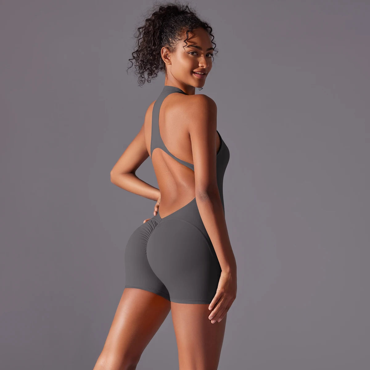 Women’s Backless Yoga Jumpsuit – Sleeveless Shorts Fitness Set