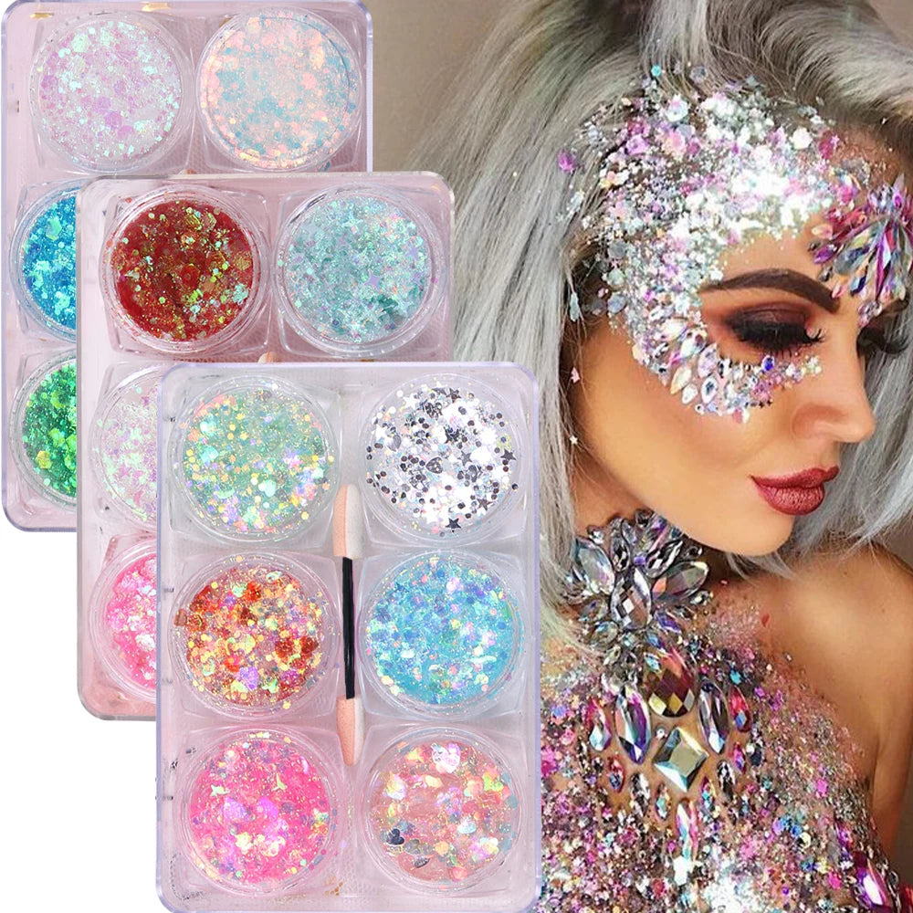6-Jar Eyeshadow & Body Glitter Gel Set – Heart, Star, Moon Sequins