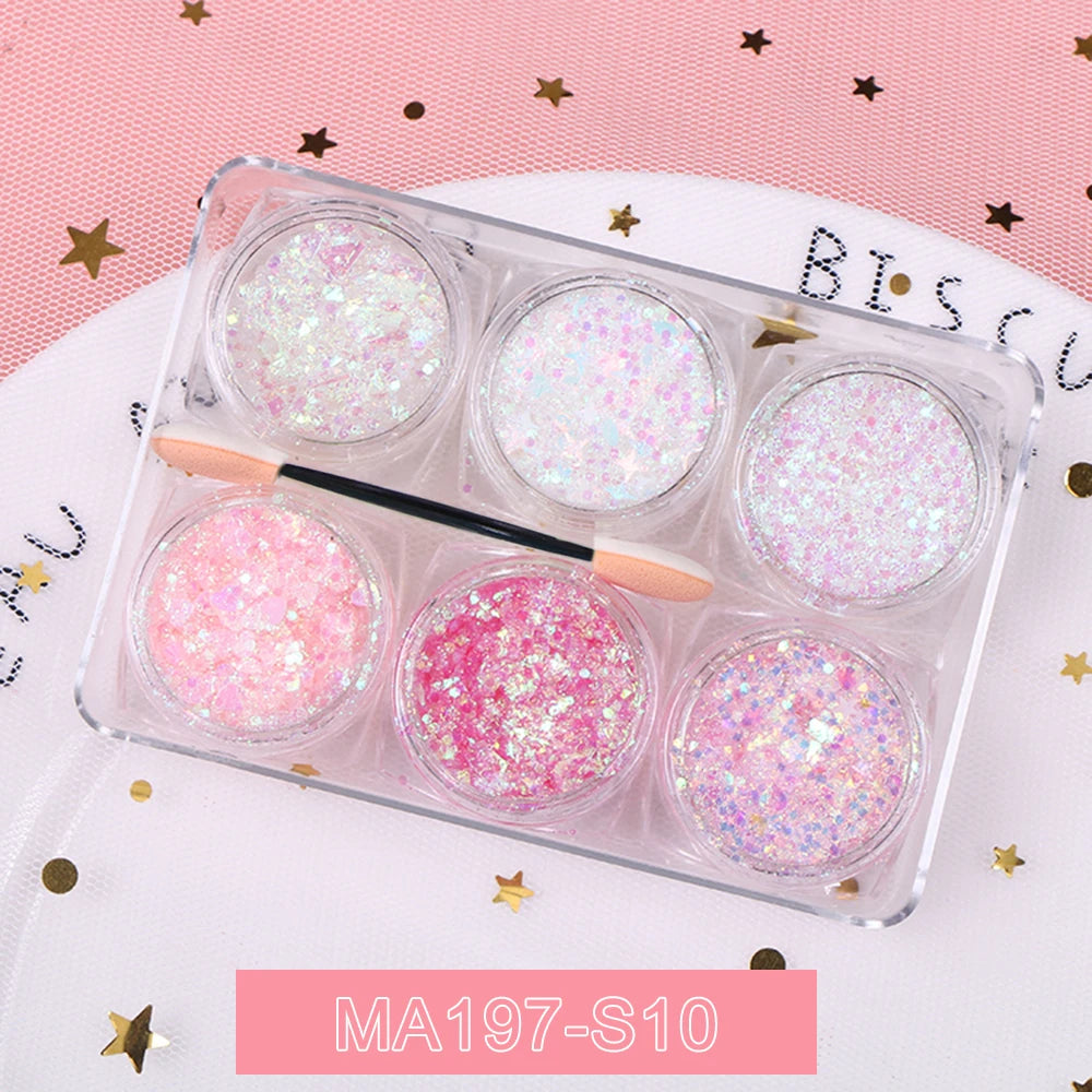 6-Jar Eyeshadow & Body Glitter Gel Set – Heart, Star, Moon Sequins