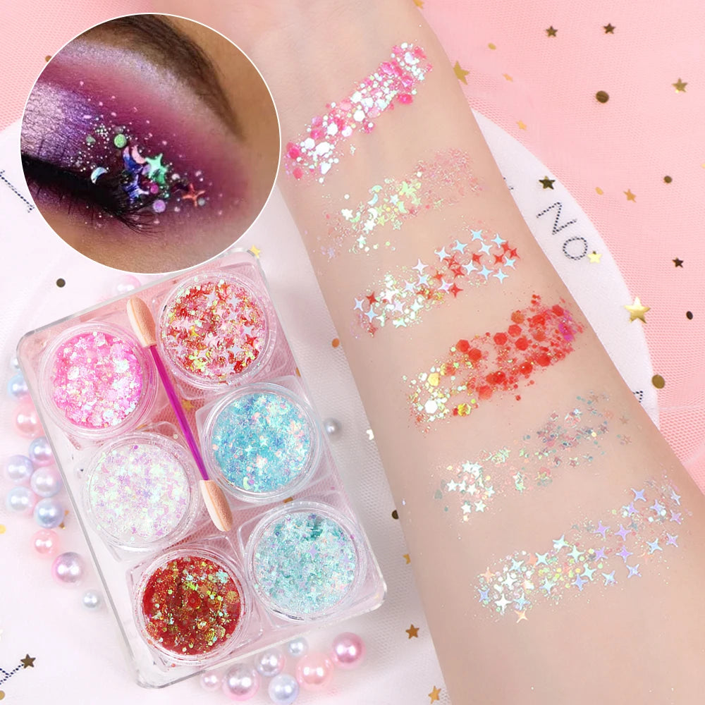 6-Jar Eyeshadow & Body Glitter Gel Set – Heart, Star, Moon Sequins