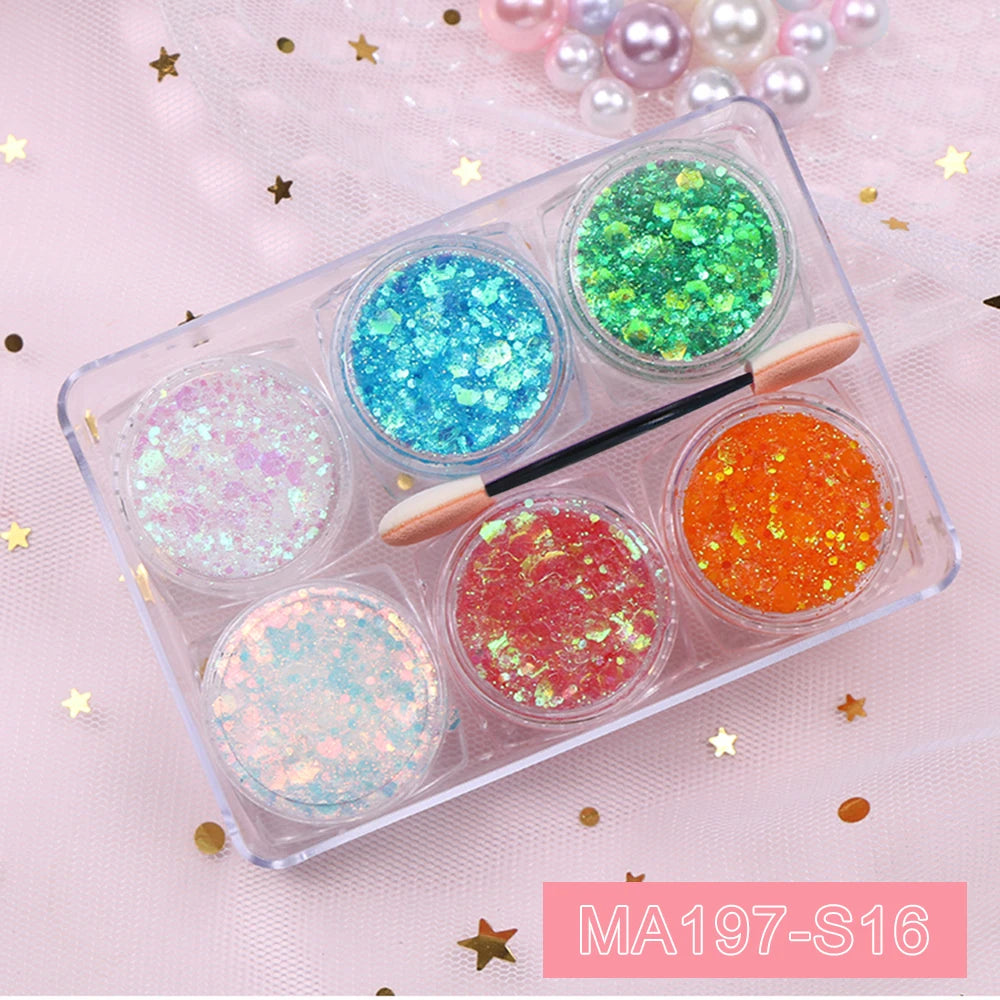6-Jar Eyeshadow & Body Glitter Gel Set – Heart, Star, Moon Sequins