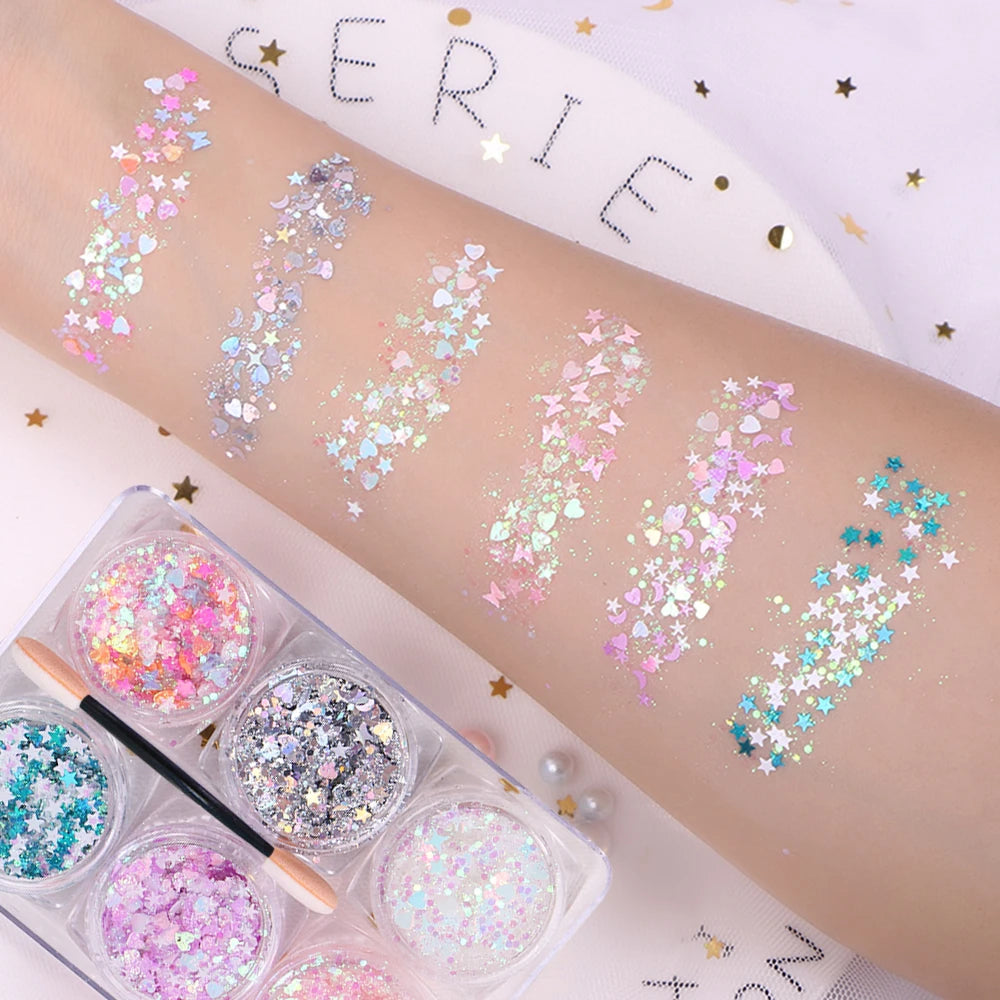 6-Jar Eyeshadow & Body Glitter Gel Set – Heart, Star, Moon Sequins