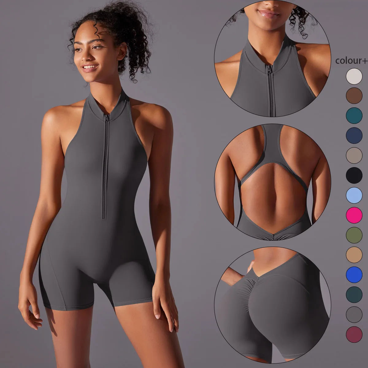 Women’s Backless Yoga Jumpsuit – Sleeveless Shorts Fitness Set