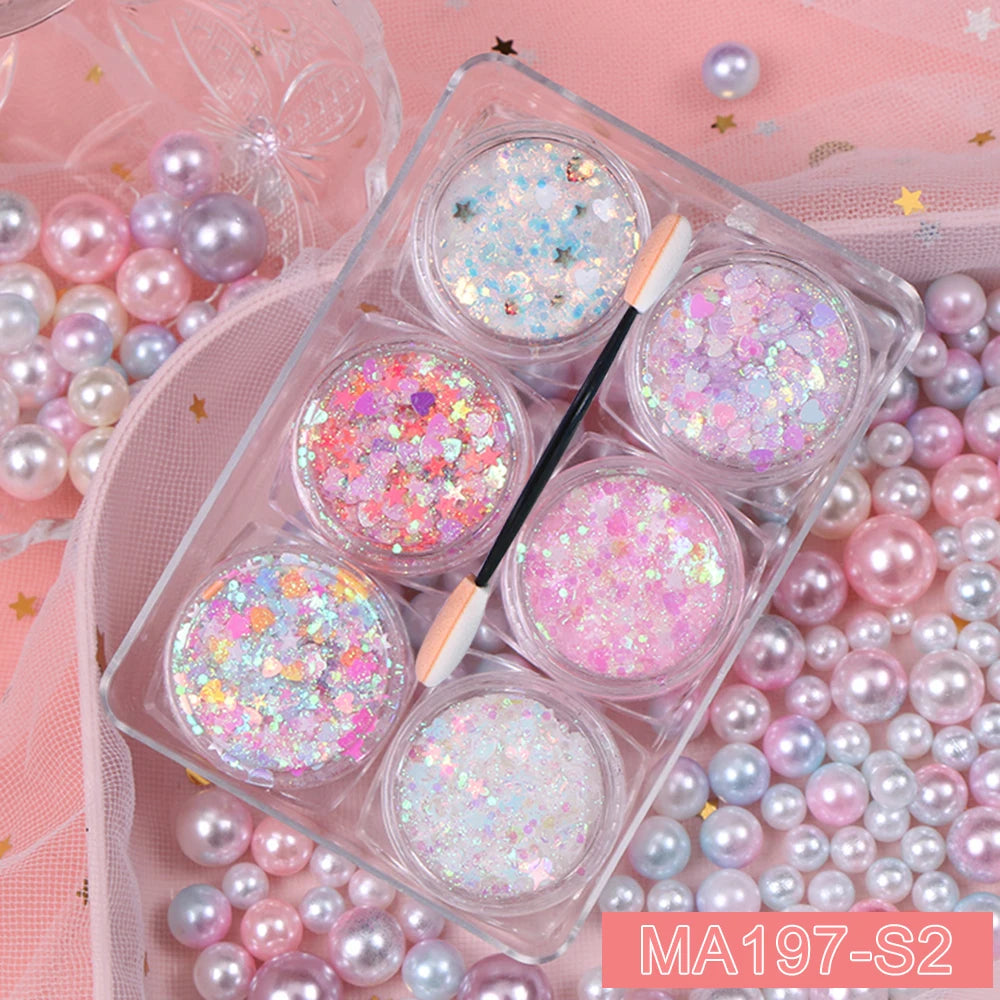 6-Jar Eyeshadow & Body Glitter Gel Set – Heart, Star, Moon Sequins
