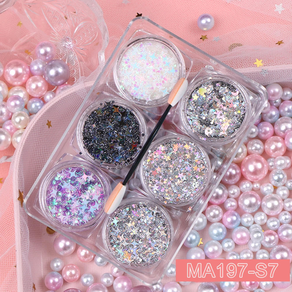 6-Jar Eyeshadow & Body Glitter Gel Set – Heart, Star, Moon Sequins