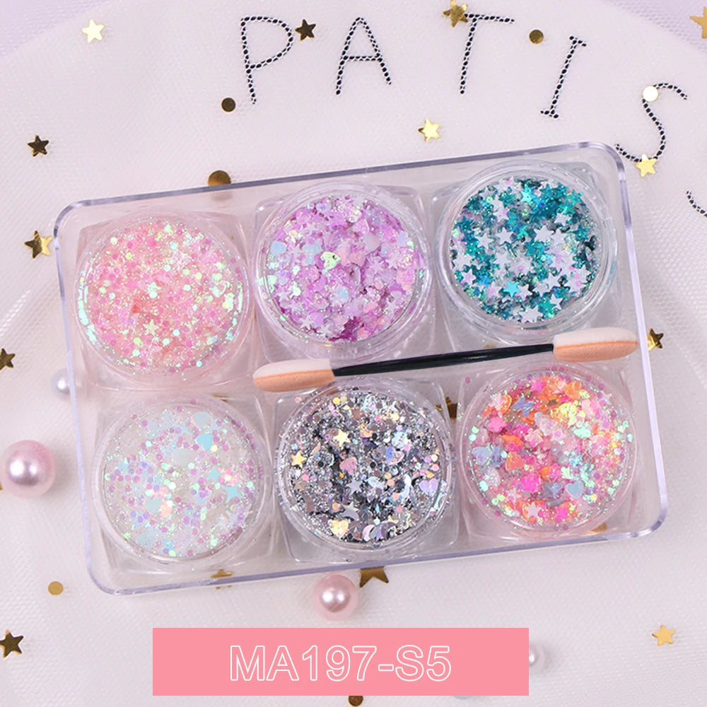 6-Jar Eyeshadow & Body Glitter Gel Set – Heart, Star, Moon Sequins