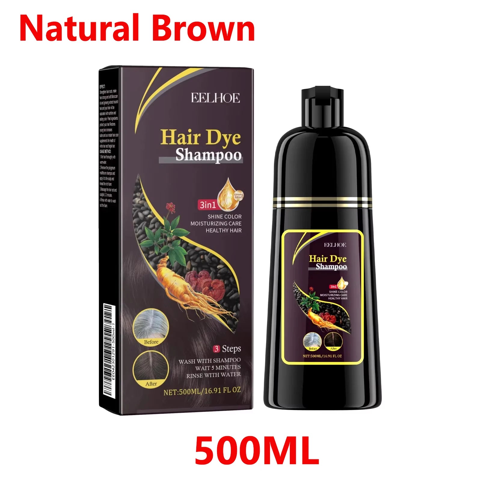 500ml Herbal Hair Dye Shampoo – Gray to Dark Brown/Black