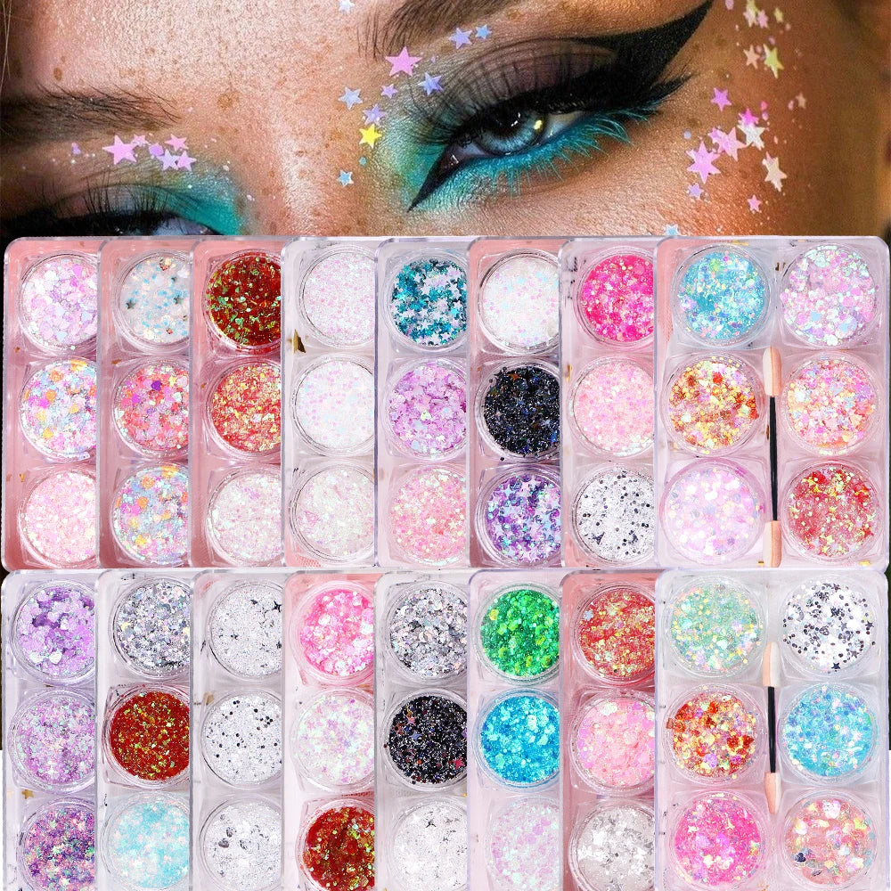 6-Jar Eyeshadow & Body Glitter Gel Set – Heart, Star, Moon Sequins