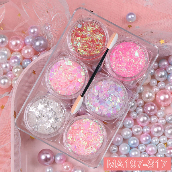 6-Jar Eyeshadow & Body Glitter Gel Set – Heart, Star, Moon Sequins